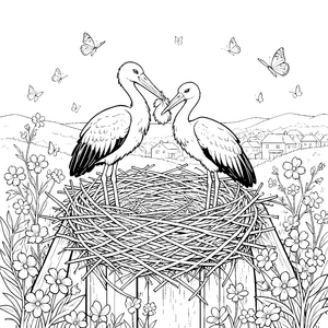 Liebevolles Storchpaar im Nest Ausmalvorlage für kreative Dorfbewohner