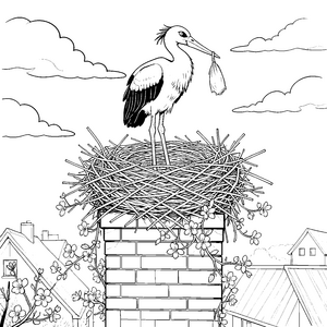 Fleißiger Storch mit Fisch im Nest Ausmalbild für fröhliche Vogelfreunde