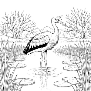 Majestätischer Storch im Teich Bastelvorlage für kleine Wasserfreunde