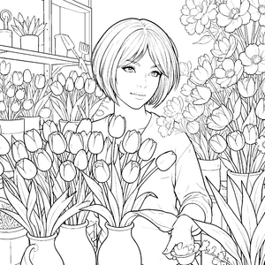 Moderne Frau mit Pixie-Cut und Tulpen Ausmalvorlage für kreative Blumenfreunde