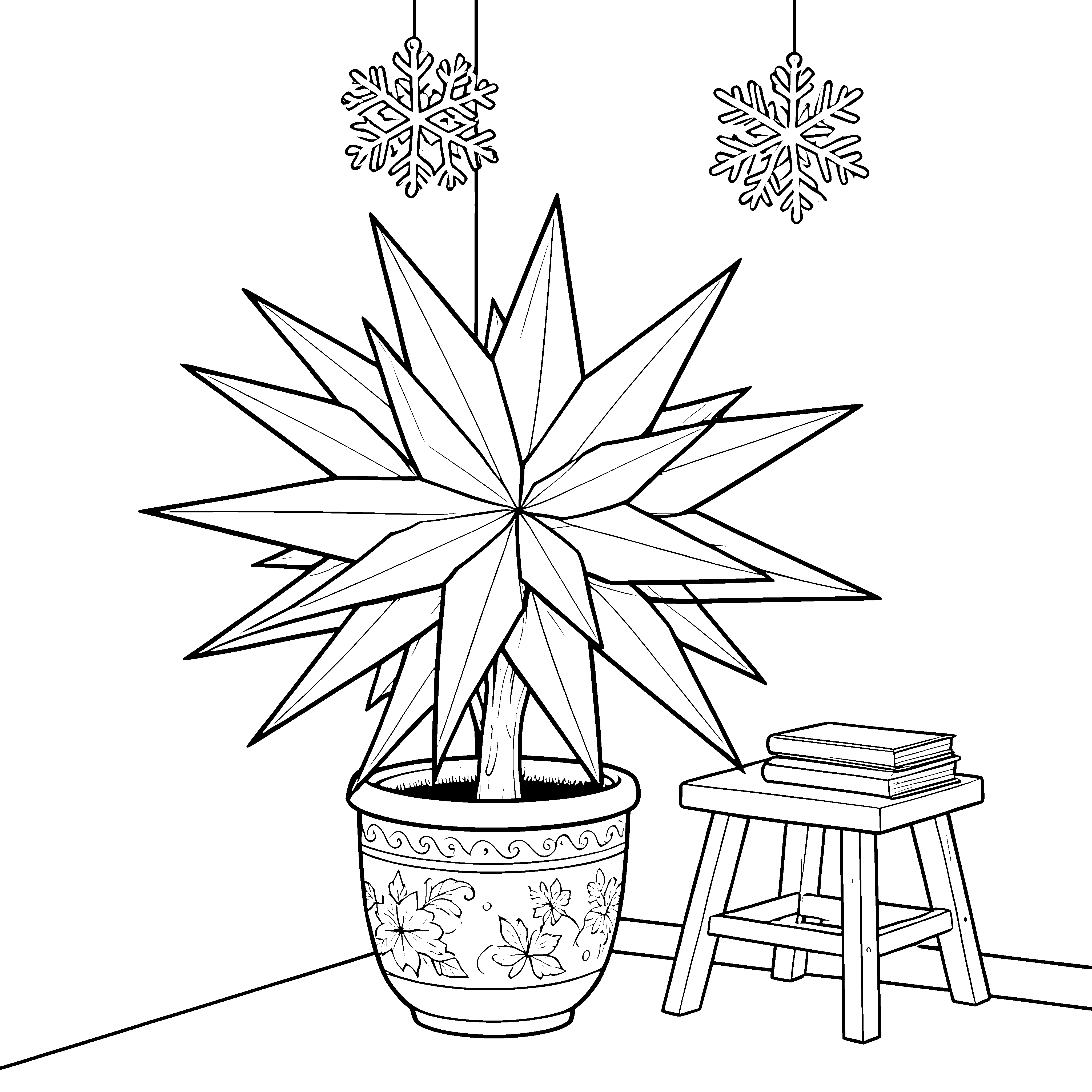 Stilisierter Weihnachtsstern mit Schneeflocken Ausmalbild für Winterfreunde