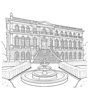 Erhabener Palast mit Treppe und Brunnen Ausmalvorlage für Weltenbummler