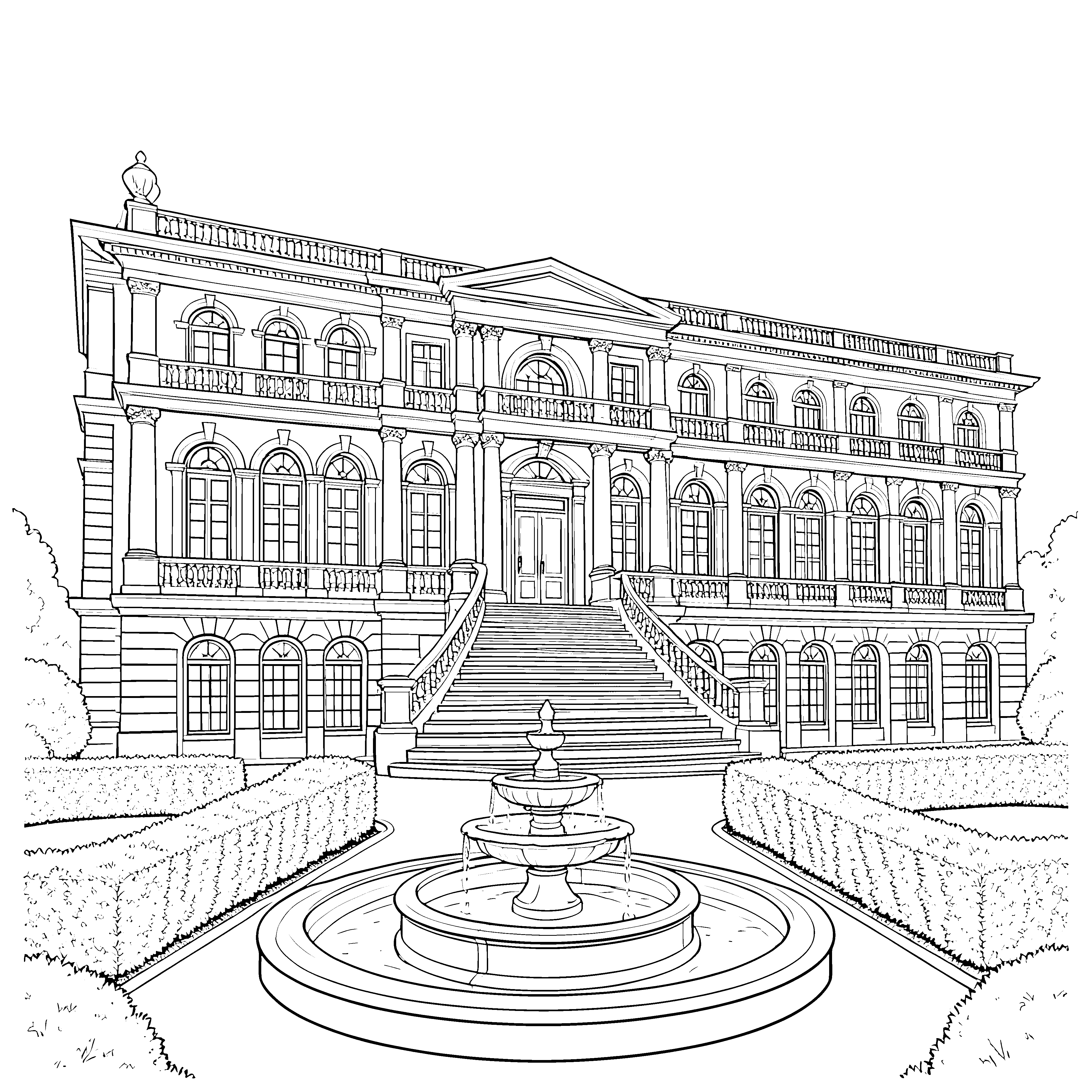 Erhabener Palast mit Treppe und Brunnen Ausmalvorlage für Weltenbummler