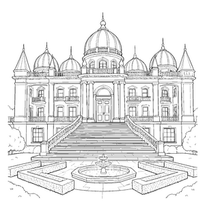 Prachtvoller Palast mit Brunnen Ausmalbild für malfreudige Entdecker