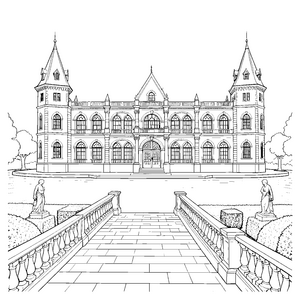 Symmetrischer Palast mit Brücke Ausmalbild für kleine Bastler