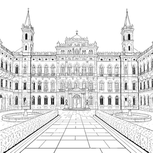 Symmetrischer Palast mit Brunnen Ausmalbild für kreative Schlossbauer
