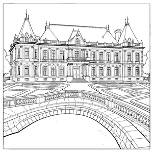 Imposanter Palast mit Brücke Ausmalbild für junge Abenteurer