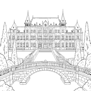 Herrlicher Palast mit Steinbrücke Ausmalbild für Geschichtsfans
