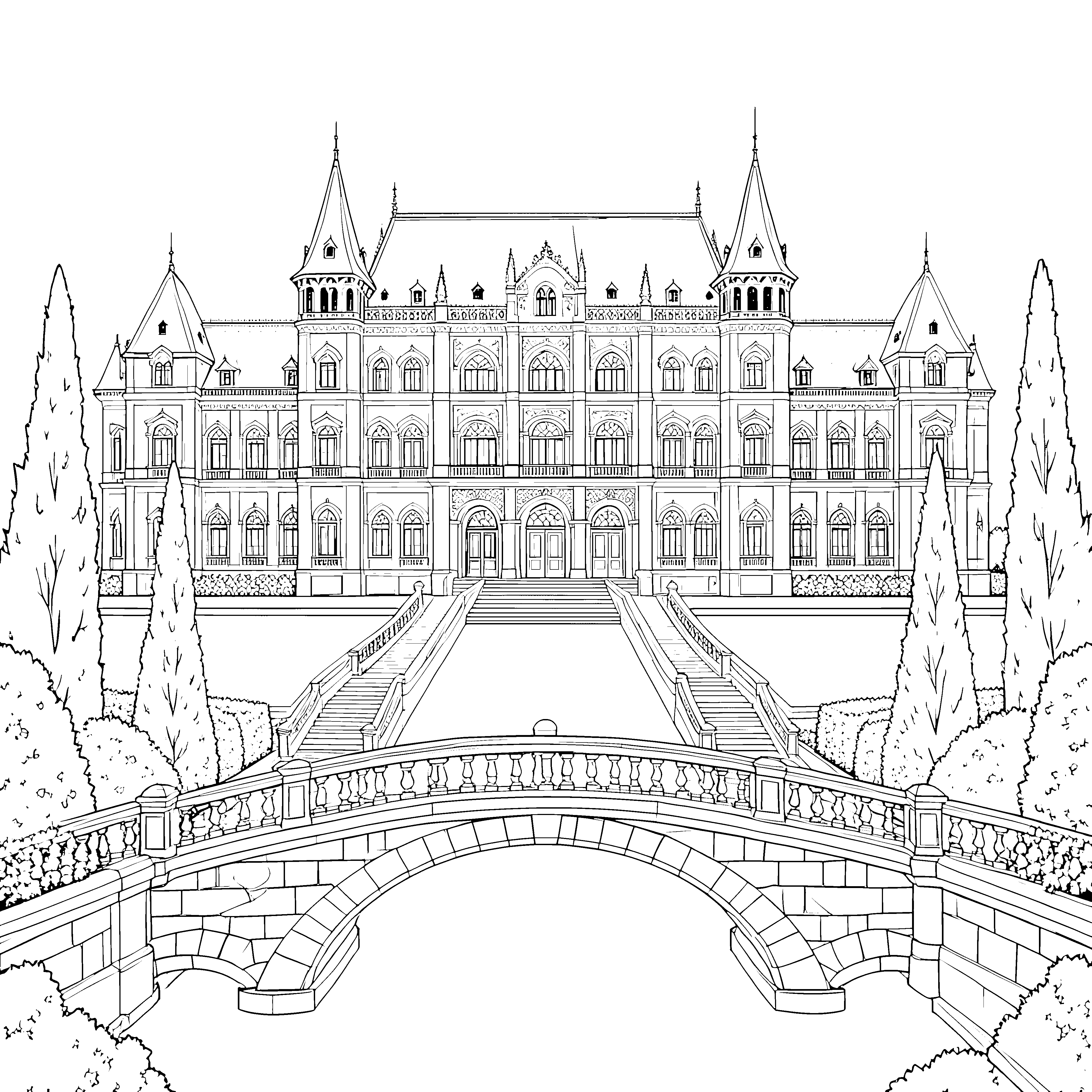Herrlicher Palast mit Steinbrücke Ausmalbild für Geschichtsfans