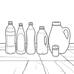 Verschiedene Wasserflaschen auf einem Tisch Ausmalvorlage für kreative Wasserratten
