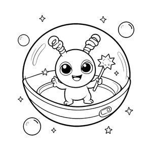 Verspieltes Kawaii-Alien im Raumschiff Malbild für malfreudige Abenteurer