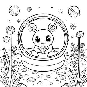 Verspieltes Kawaii-Alien mit Keks Ausmalvorlage für junge Spürnasen