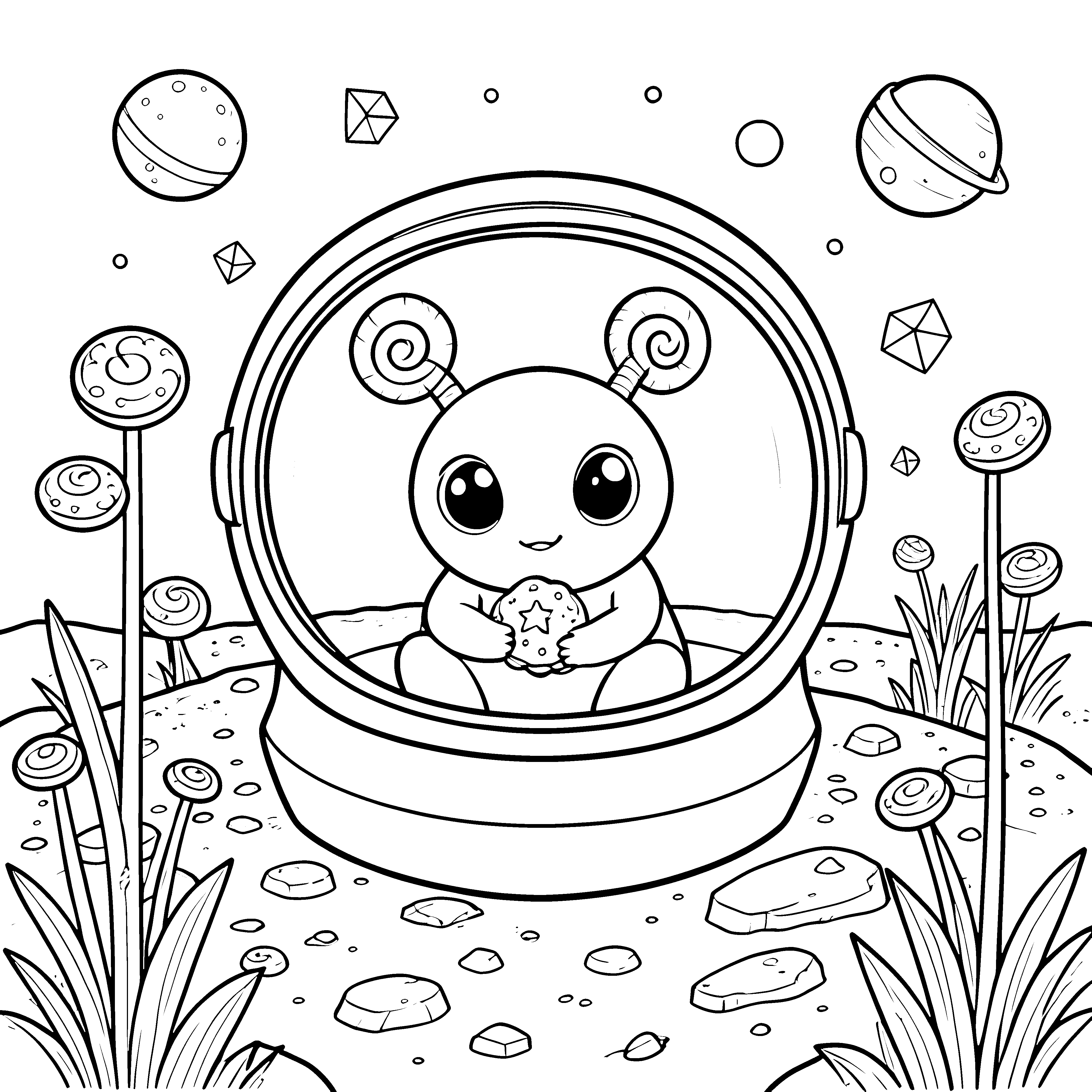 Verspieltes Kawaii-Alien mit Keks Ausmalvorlage für junge Spürnasen