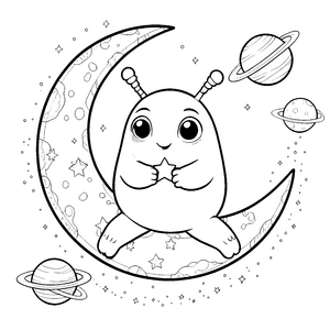 Verspieltes Kawaii-Alien mit Stern am Mond Malbild für junge Tüftler