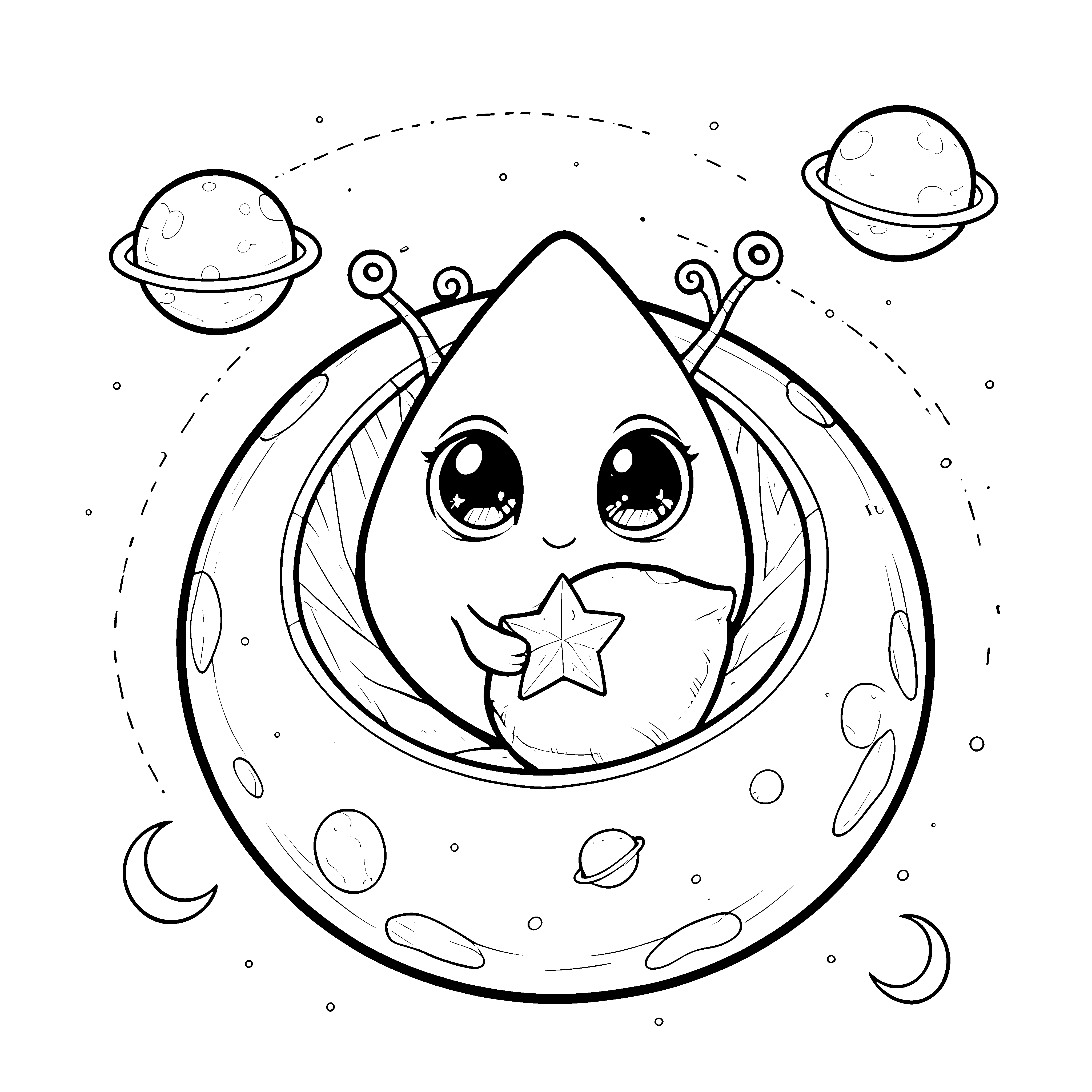Niedliches Kawaii-Alien mit Stern Ausmalvorlage für neugierige Sterngucker