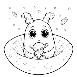 Sanftes Kawaii-Alien mit Saturn Malbild für neugierige Planetenfans