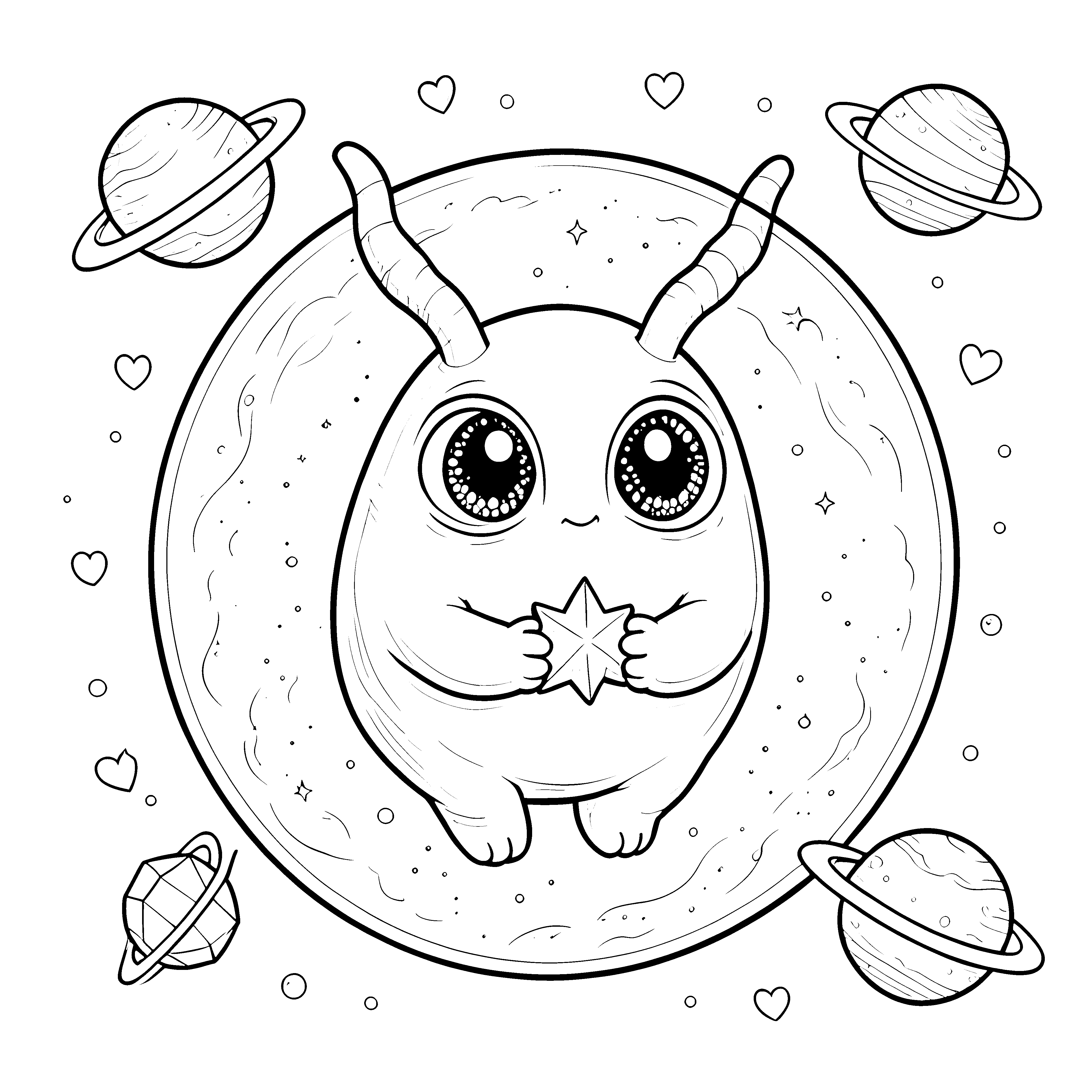 Freundliches Kawaii-Alien mit Stern Ausmalvorlage für kreative Träumer