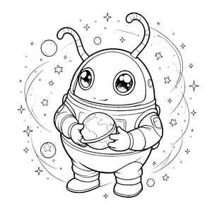 Herzliches Kawaii-Alien mit Erde Malvorlage für Weltraumreisen