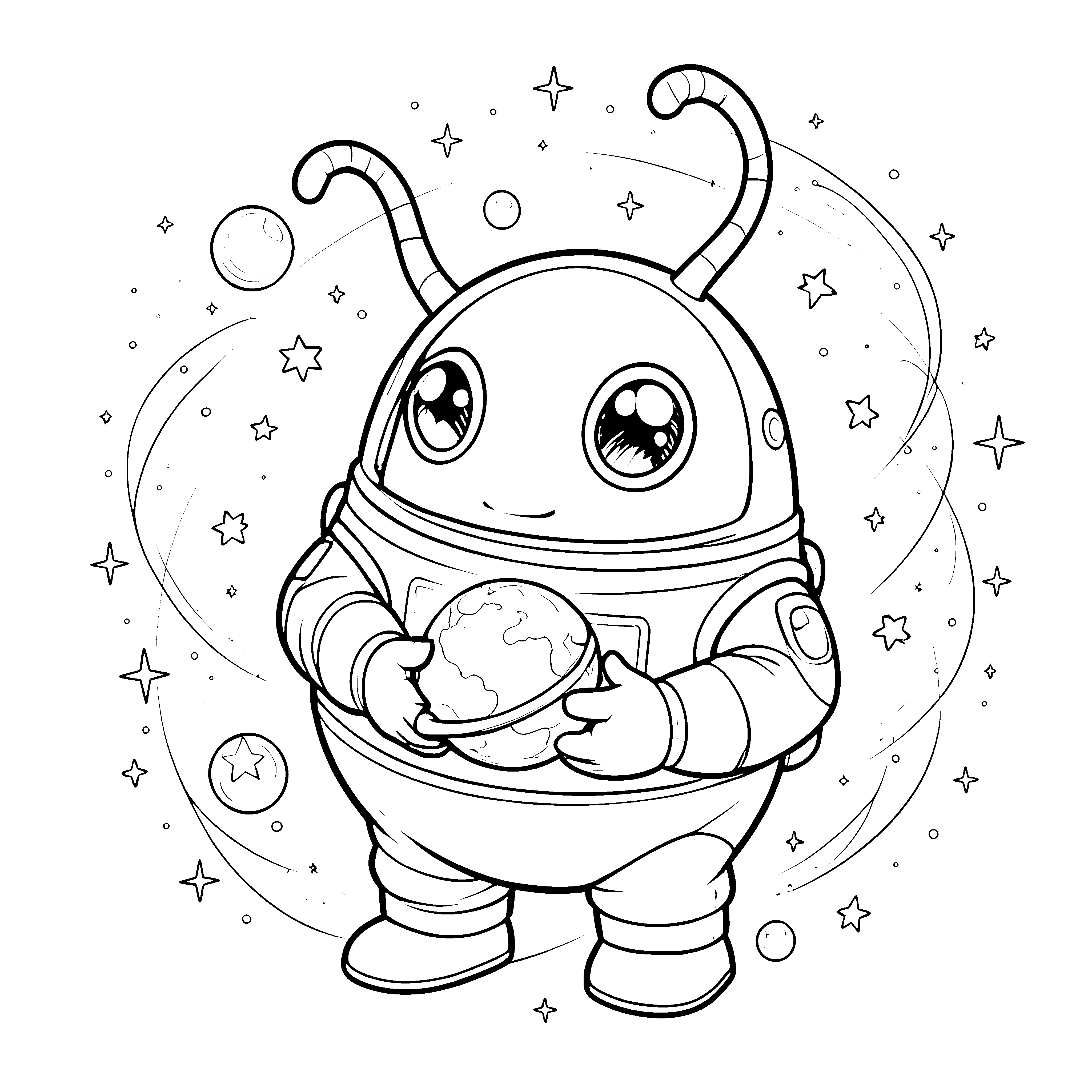 Herzliches Kawaii-Alien mit Erde Malvorlage für Weltraumreisen