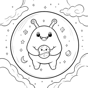 Fröhliches Kawaii-Alien mit Planeten Malvorlage für malfreudige Sternengucker