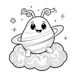 Glückliches Kawaii-Alien auf Wolke Ausmalbild für kreative Weltraumreisende