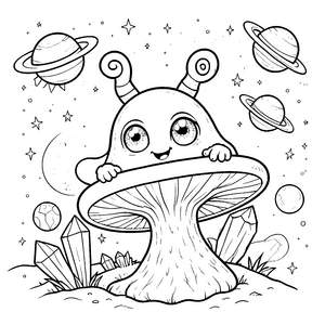 Neugieriges Kawaii-Alien hinter einem Pilz Malbild für kreative Abenteurer