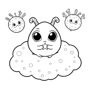 Freundliches Kawaii-Alien mit Sternen Ausmalvorlage für mutige Weltenbummler