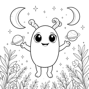 Fröhliches Kawaii-Alien zwischen Planeten Ausmalvorlage für junge Sternengucker