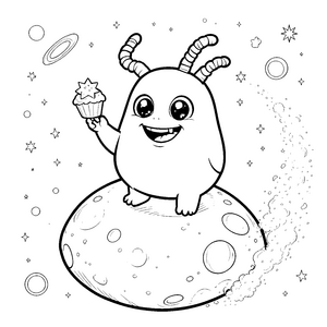 Fröhliches Kawaii-Alien mit Cupcake-Malbild für kleine Naschkatzen