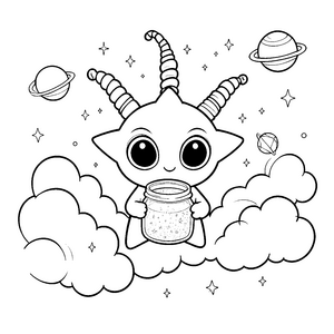 Verspieltes Kawaii-Alien mit Sternenglas Malvorlage für verträumte Spürnasen