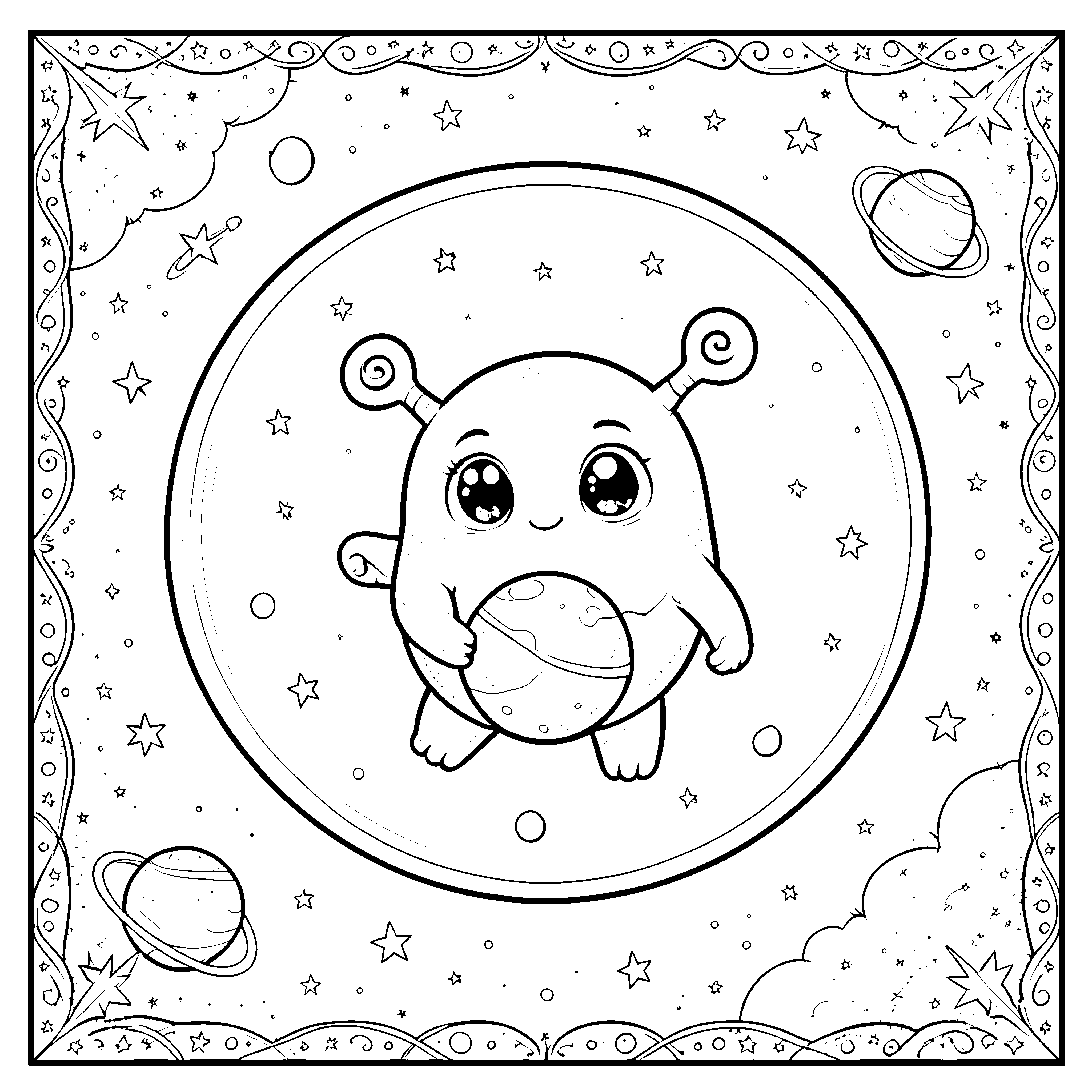 Niedliches Kawaii-Alien mit Planeten Ausmalbild für verträumte Tüftler