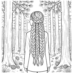 Stille Frau mit Fischgrätenzöpfen im Wald Ausmalbild für mutige Naturfreunde