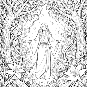 Sanfte Muse im Wald Ausmalbild für verträumte Weltenbummler