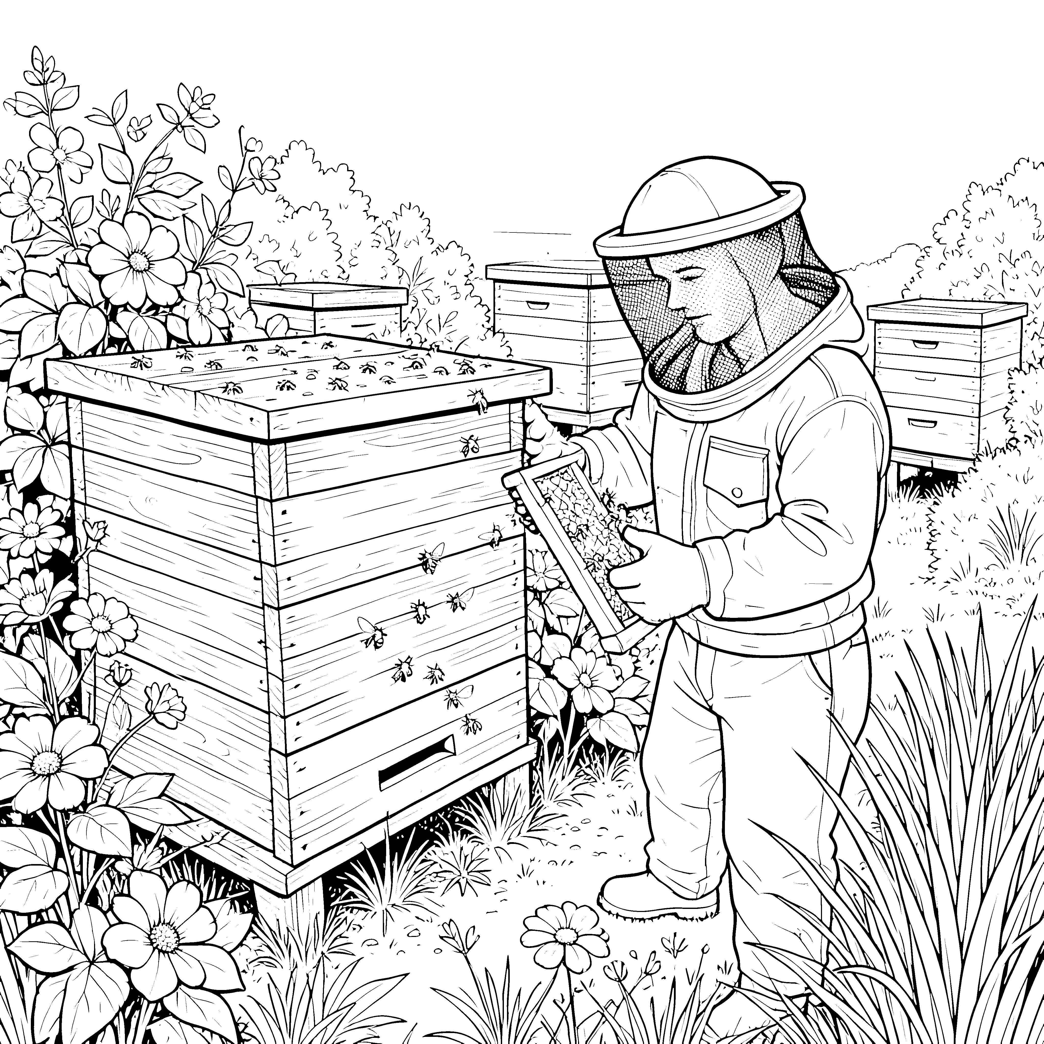 Fleißiger Imker mit Bienenrahmen Malvorlage für neugierige Spürnasen