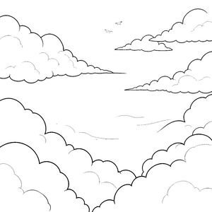 Fluffiger Wolkenhimmel mit Vögeln Malvorlage für fröhliche Luftfahrtfans