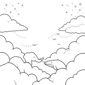 Verzauberter Wolkenhimmel mit Elefant und Wal Ausmalbild für mutige Träumer