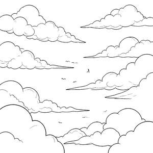 Wuscheliger Wolkenhimmel mit kleinen Vögeln Malvorlage für Träumer
