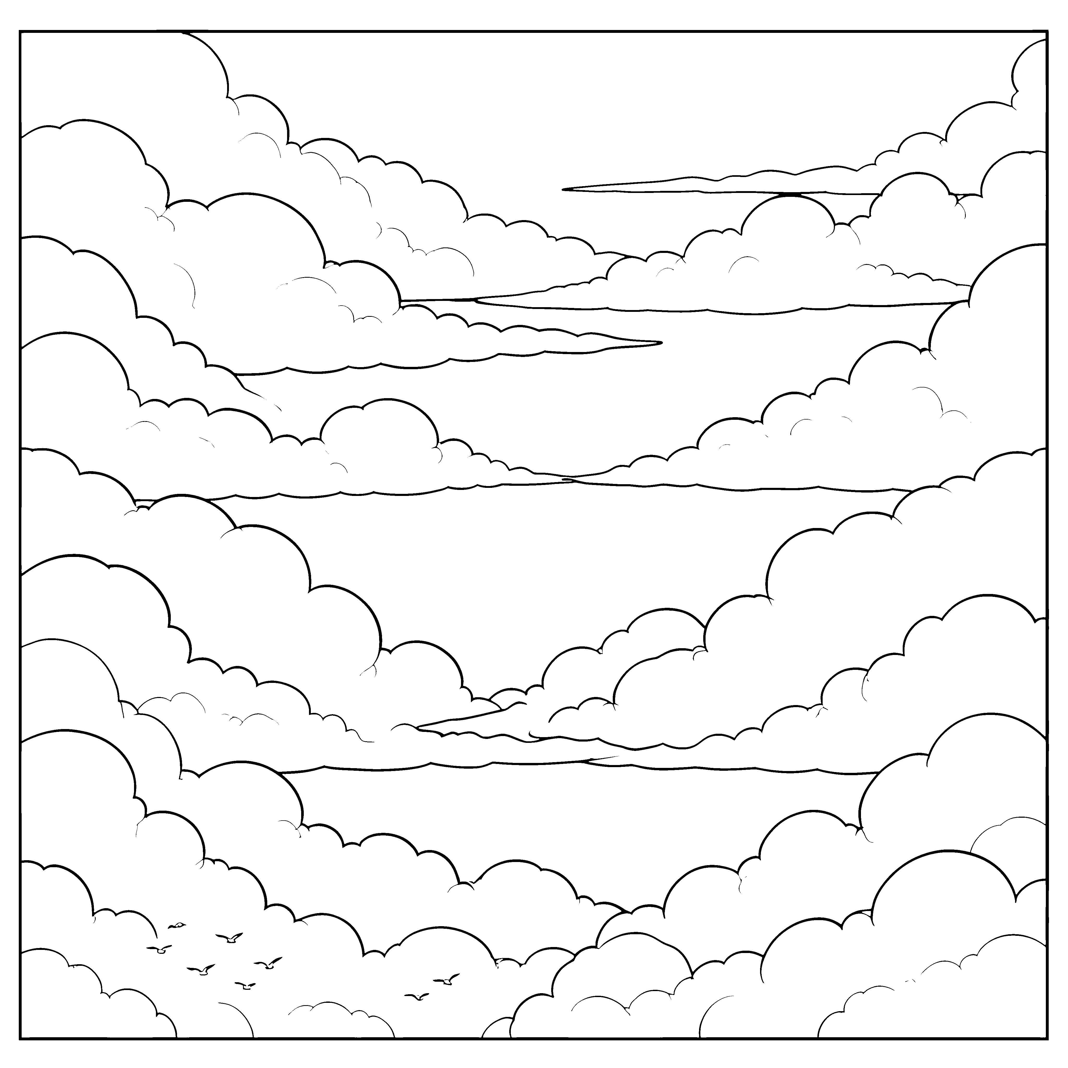 Weitläufiger Wolkenhimmel mit Vögeln Ausmalvorlage für kleine Weltenbummler