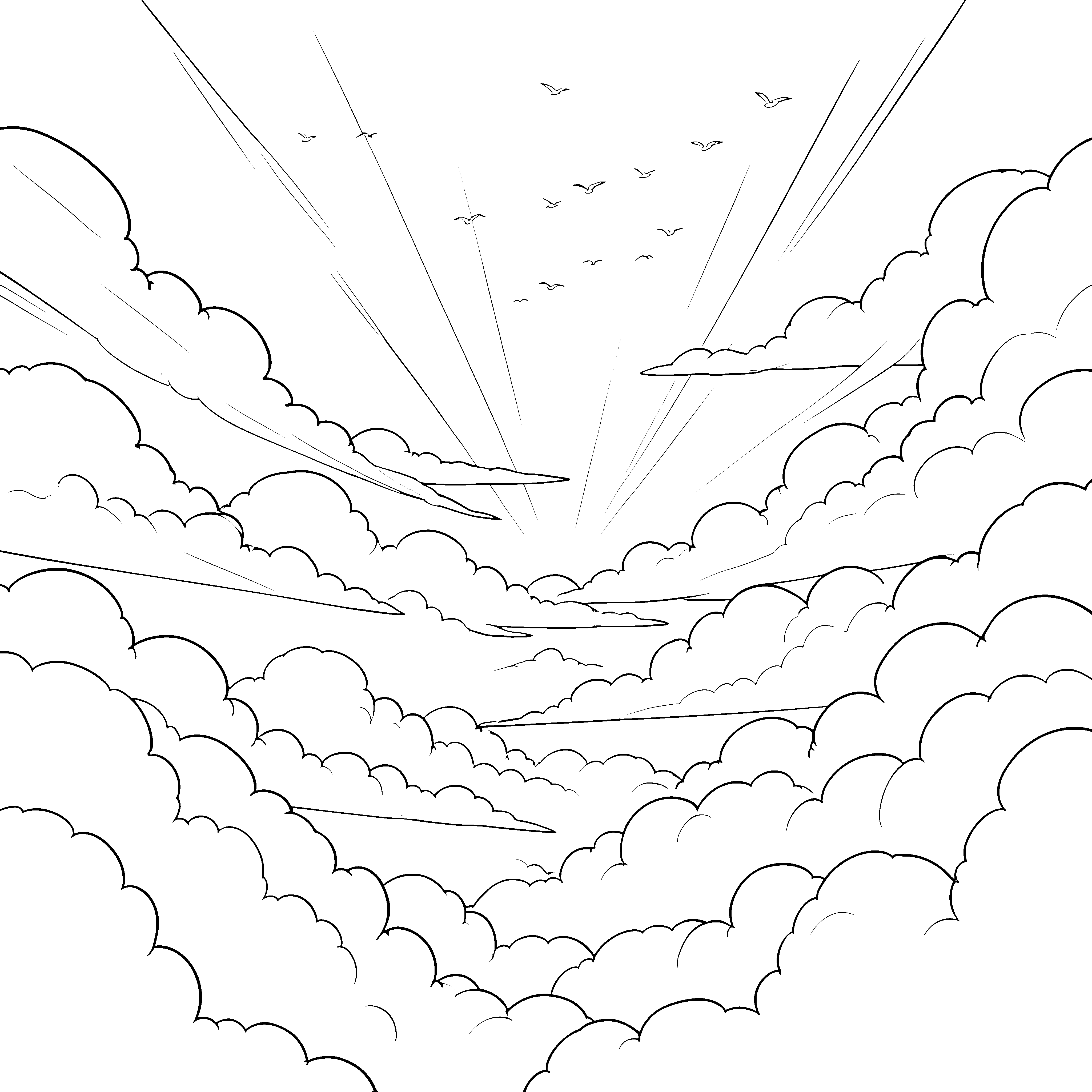 Strahlender Wolkenhimmel mit fliegenden Vögeln Malbild für junge Luftfahrtfans