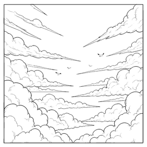 Dynamischer Wolkenhimmel mit Vögeln Ausmalvorlage für neugierige Luftfahrtfans