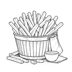 Rustikale Pommes im Holzeimer Ausmalbild für mutige Naschkatzen