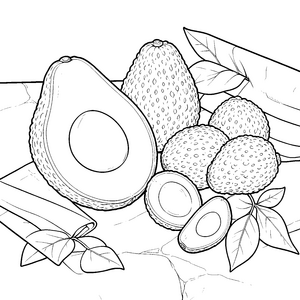Reife Avocados mit Blättern Ausmalbild für verträumte Naturfreunde