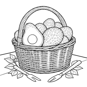 Üppiger Korb mit Avocados Ausmalbild für kleine Spürnasen