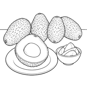 Frische Avocados auf Teller Ausmalbild für kreative Hobbyköche