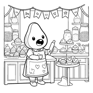 Fröhliche Kawaii-Avocado beim Backen Malvorlage für malfreudige Hobbyköche