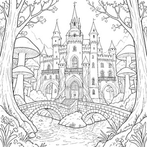 Geheimnisvolles Waldschloss mit Brücke Malbild für malfreudige Träumer