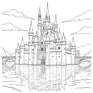 Prächtiges Wasserschloss Ausmalbild für verträumte Weltenbummler