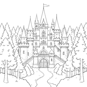 Wunderschönes Schloss im Tannenwald Ausmalvorlage für junge Träumer