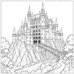 Mächtiges Schloss auf Felsen Ausmalbild für neugierige Abenteurer