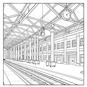 Stiller Bahnhof mit Bahnhofsuhr Malbild für kreative Spürnasen